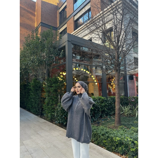 Fermuarlı Sweat Model Triko Kazak - Gri