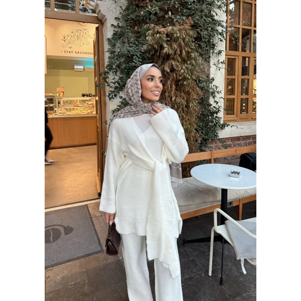 Fireya Bağlamalı Triko Takım - Ekru