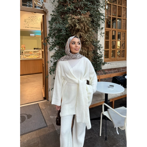 Fireya Bağlamalı Triko Takım - Ekru