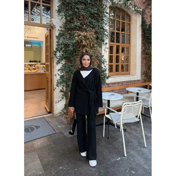 Fireya Bağlamalı Triko Takım - Siyah