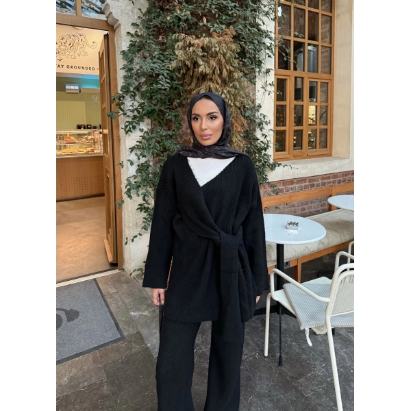 Fireya Bağlamalı Triko Takım - Siyah