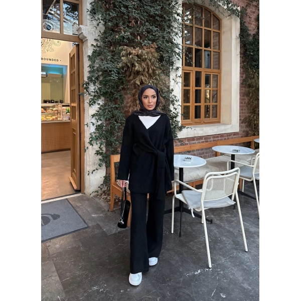 Fireya Bağlamalı Triko Takım - Siyah