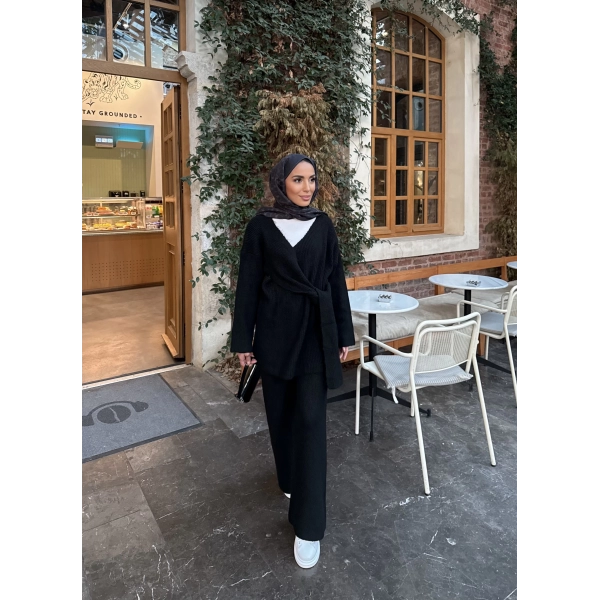 Fireya Bağlamalı Triko Takım - Siyah