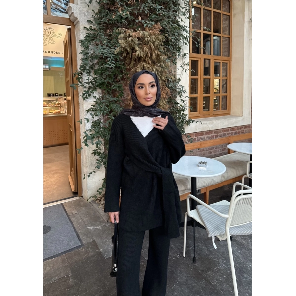 Fireya Bağlamalı Triko Takım - Siyah