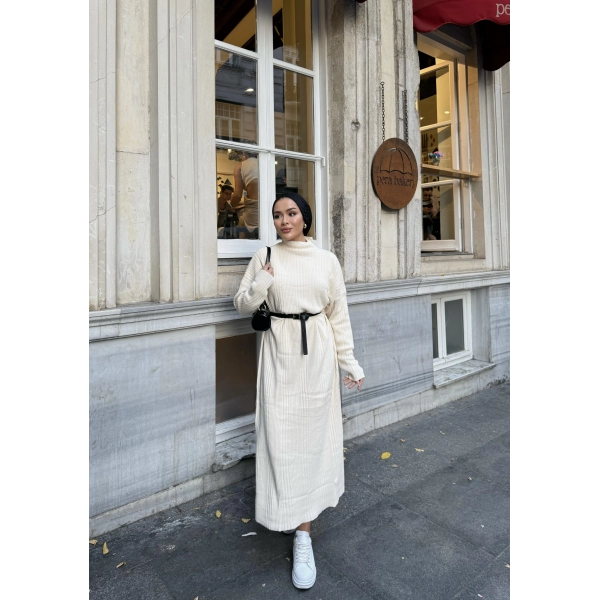 Fitilli Triko Elbise - Bej