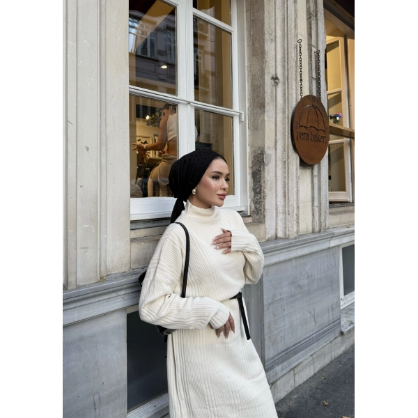 Fitilli Triko Elbise - Bej