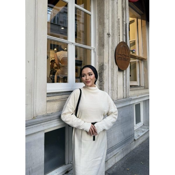 Fitilli Triko Elbise - Bej