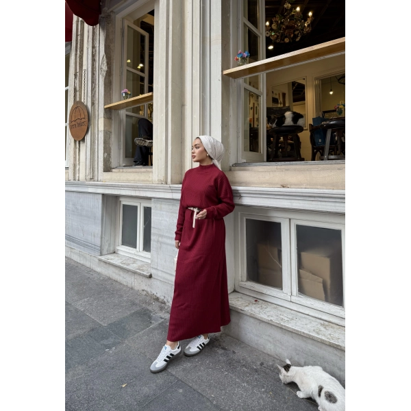 Fitilli Triko Elbise - Bordo