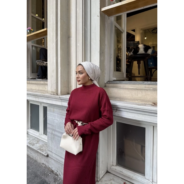 Fitilli Triko Elbise - Bordo