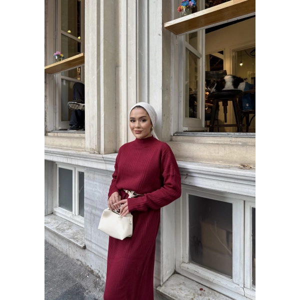 Fitilli Triko Elbise - Bordo