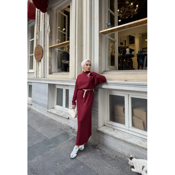 Fitilli Triko Elbise - Bordo