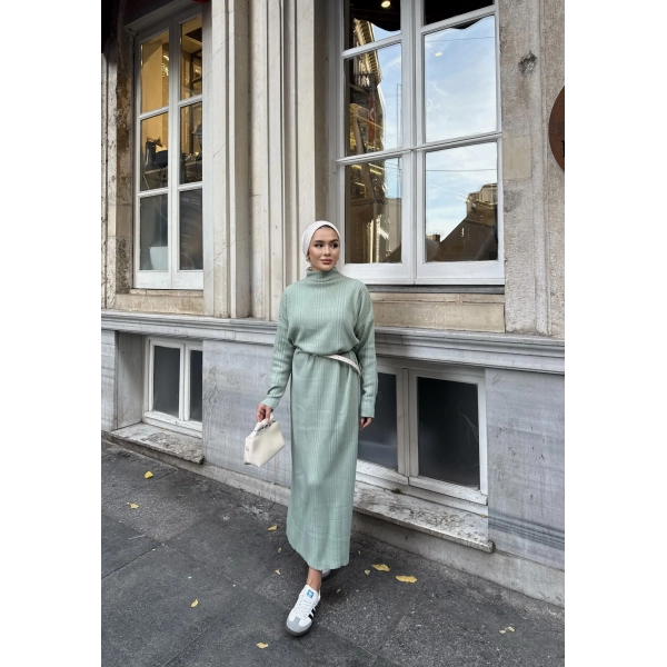 Fitilli Triko Elbise - Çağla