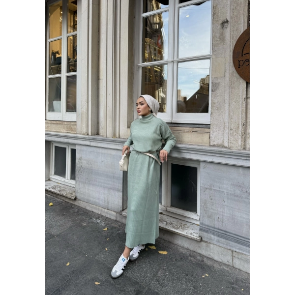 Fitilli Triko Elbise - Çağla