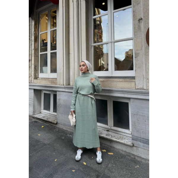 Fitilli Triko Elbise - Çağla