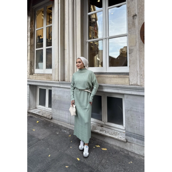 Fitilli Triko Elbise - Çağla