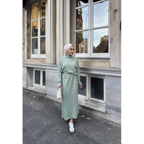 Fitilli Triko Elbise - Çağla