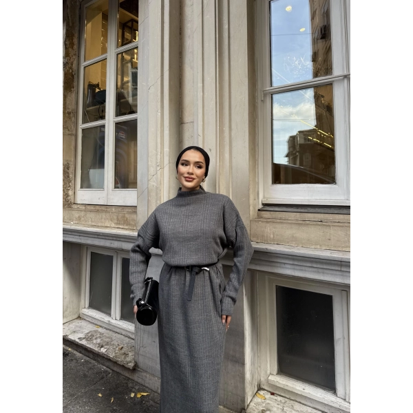 Fitilli Triko Elbise - Füme