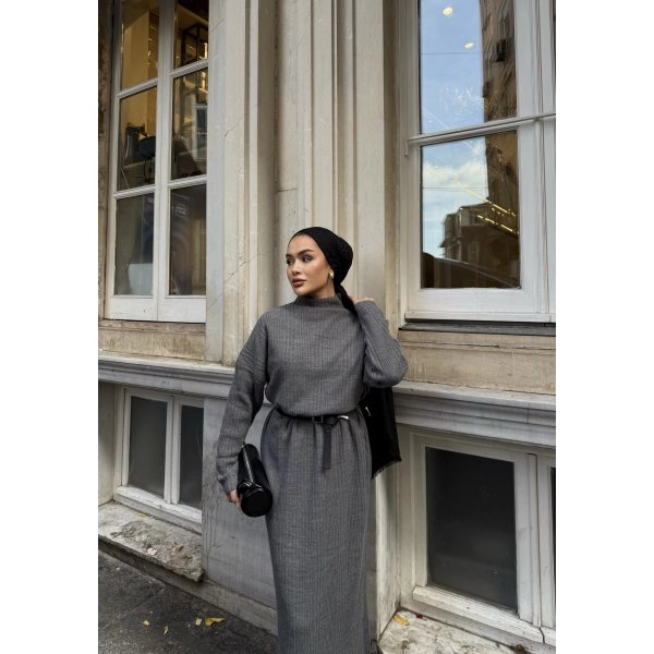 Fitilli Triko Elbise - Füme