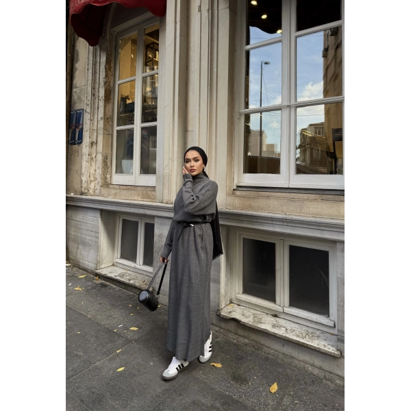 Fitilli Triko Elbise - Füme