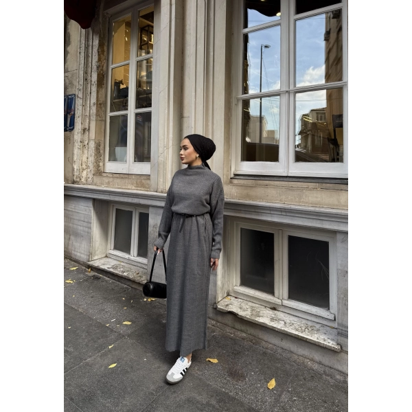 Fitilli Triko Elbise - Füme