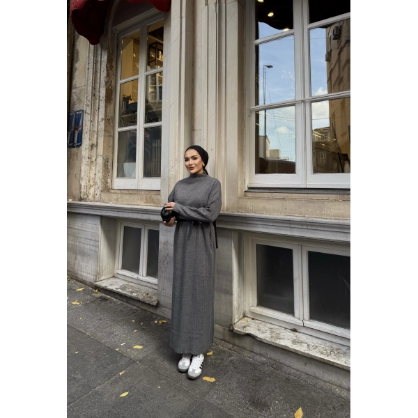 Fitilli Triko Elbise - Füme