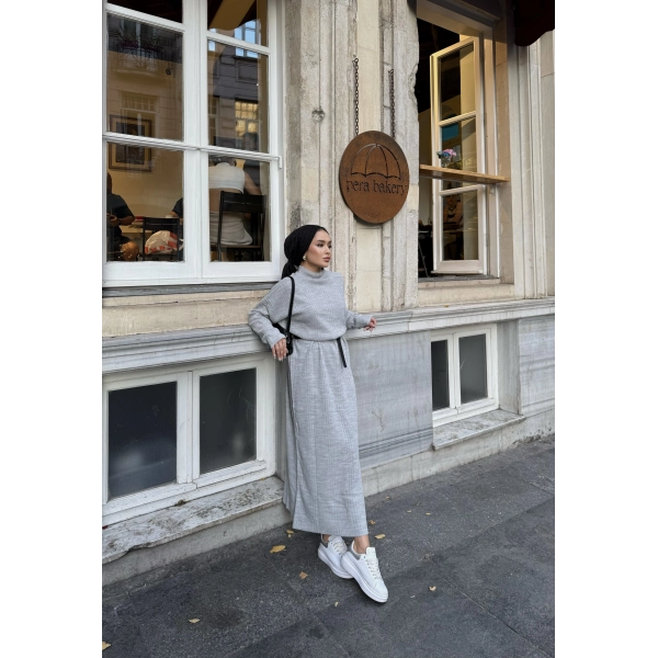 Fitilli Triko Elbise - Gri