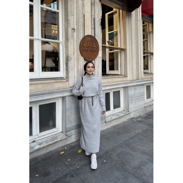 Fitilli Triko Elbise - Gri