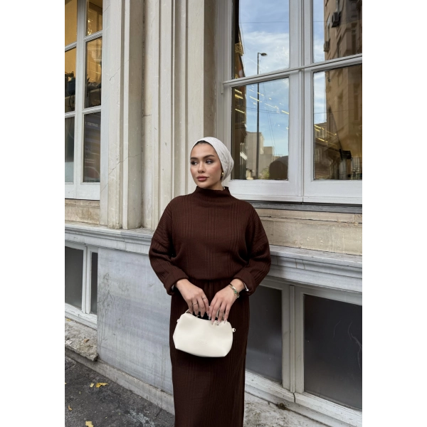 Fitilli Triko Elbise - Kahve