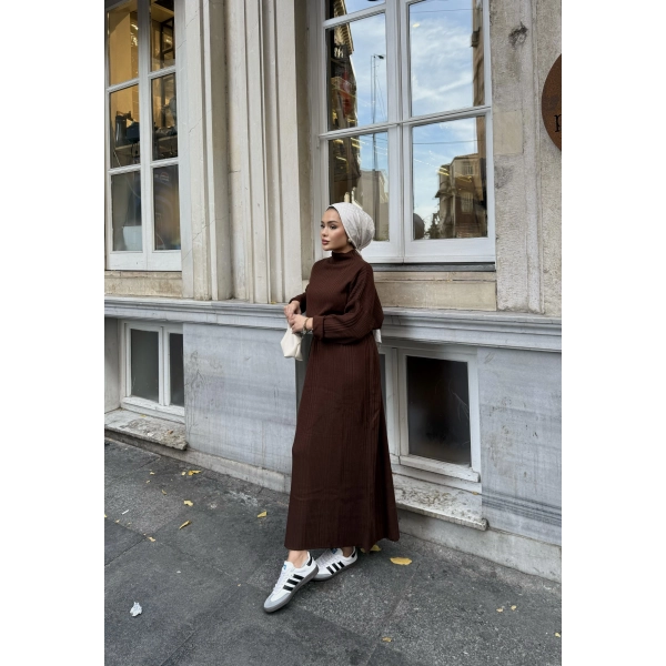 Fitilli Triko Elbise - Kahve