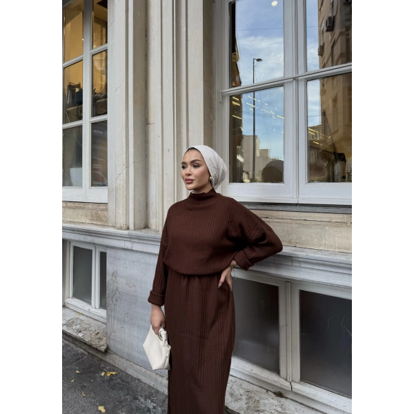 Fitilli Triko Elbise - Kahve