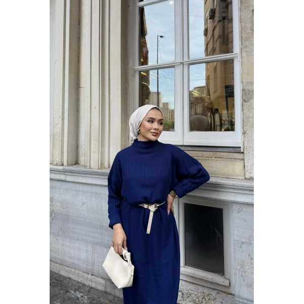 Fitilli Triko Elbise - Lacivert