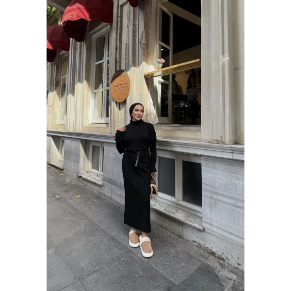 Fitilli Triko Elbise - Siyah