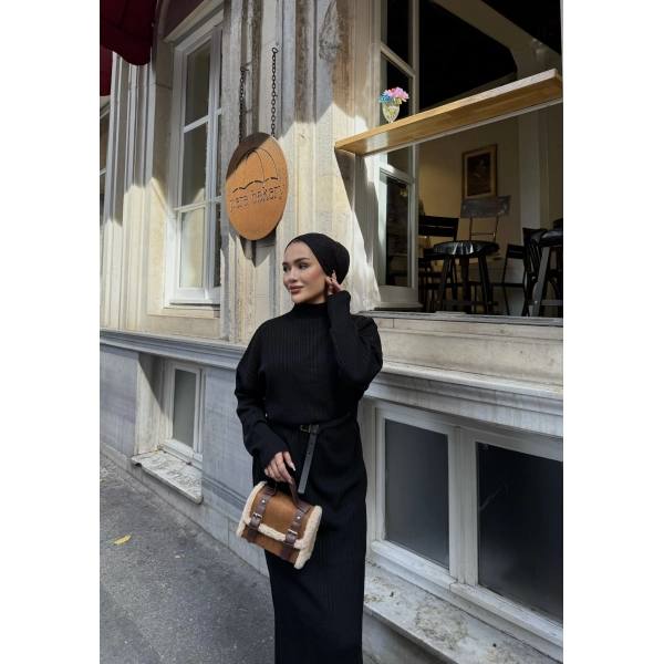 Fitilli Triko Elbise - Siyah