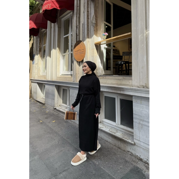 Fitilli Triko Elbise - Siyah