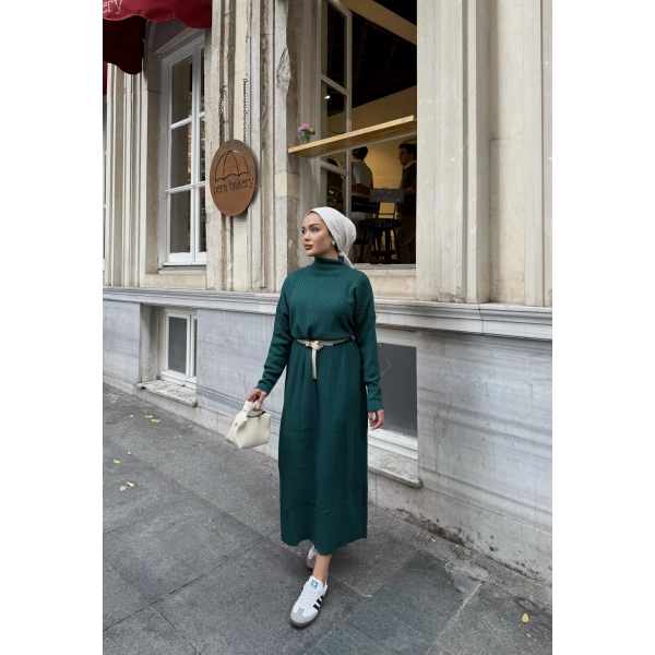 Fitilli Triko Elbise - Zümrüt Yeşili
