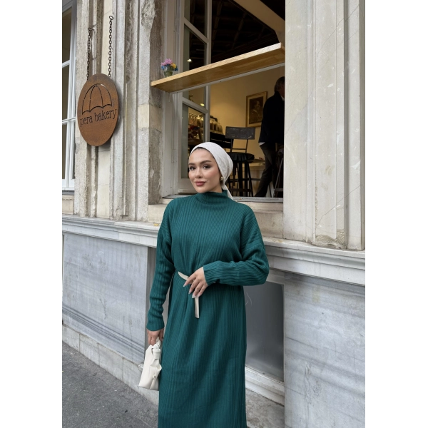 Fitilli Triko Elbise - Zümrüt Yeşili