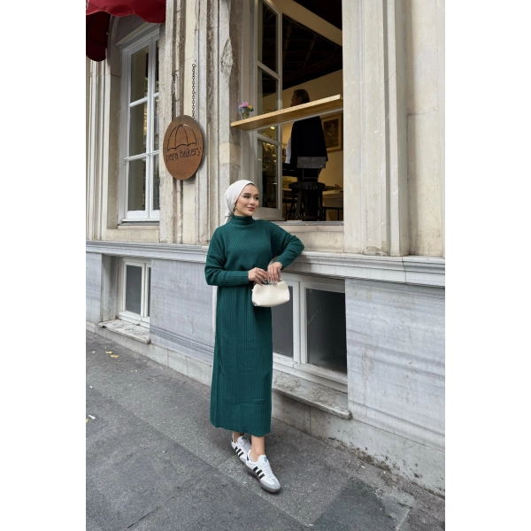 Fitilli Triko Elbise - Zümrüt Yeşili