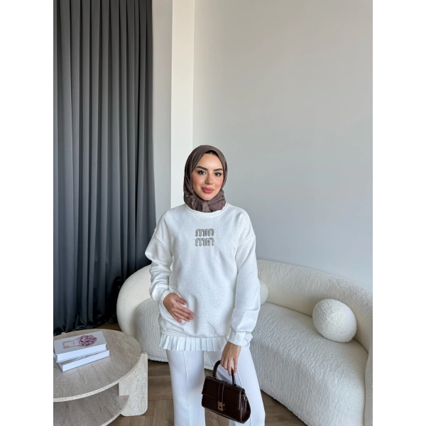 Gn-Mın Taşlı Sweat - Beyaz