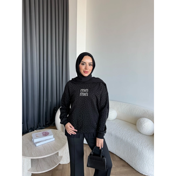 Gn-Mın Taşlı Sweat - Siyah
