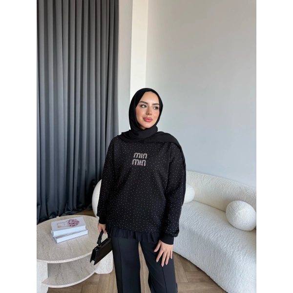 Gn-Mın Taşlı Sweat - Siyah