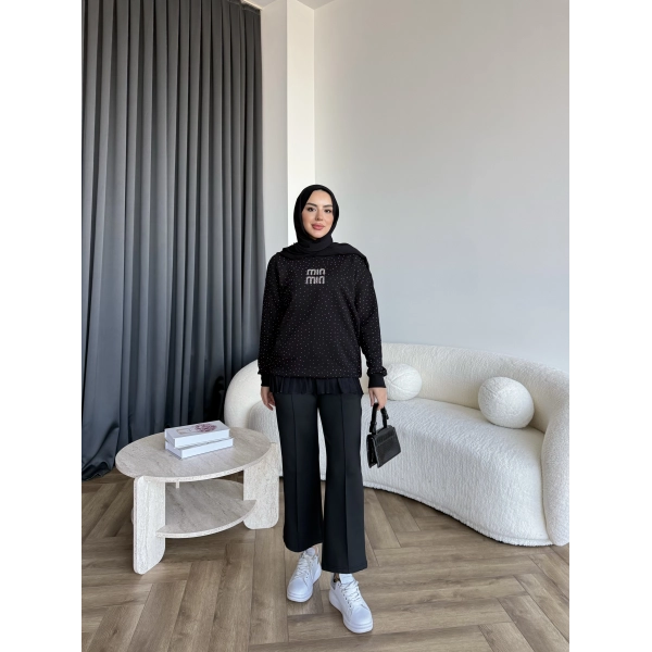 Gn-Mın Taşlı Sweat - Siyah