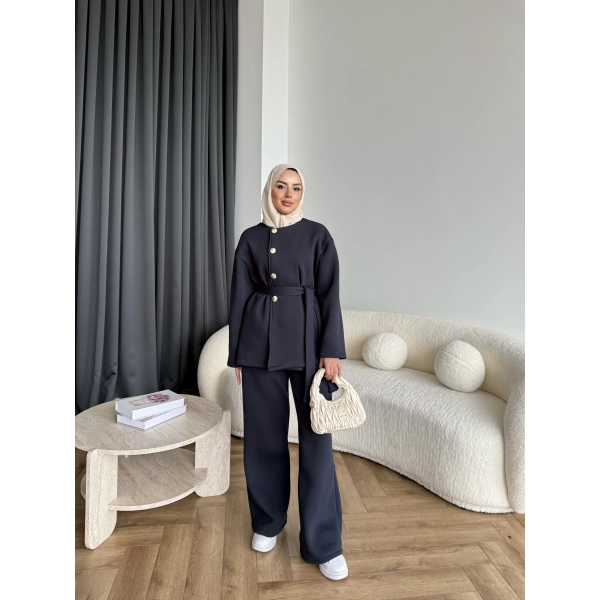 Gold Düğmeli 3 İplik Takım - Antrasit