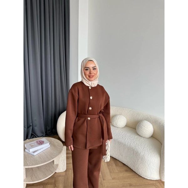 Gold Düğmeli 3 İplik Takım - Kahve