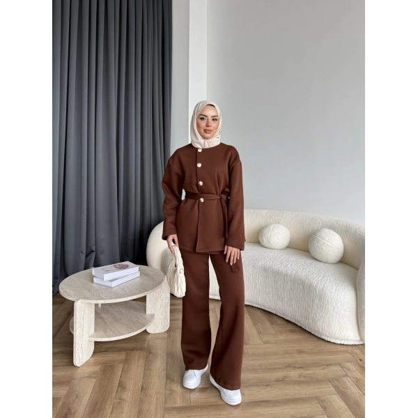 Gold Düğmeli 3 İplik Takım - Kahve