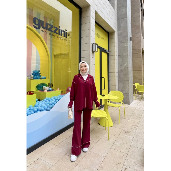 Gold Düğmeli Biyeli Takım - Bordo