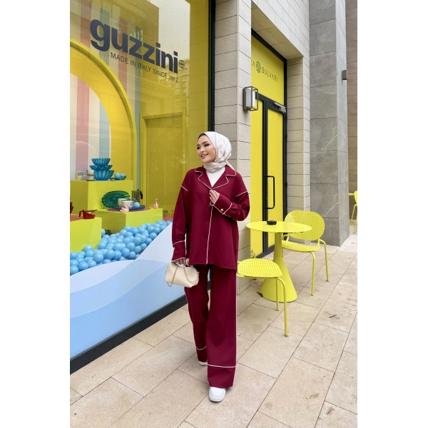 Gold Düğmeli Biyeli Takım - Bordo