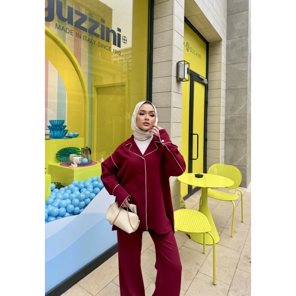 Gold Düğmeli Biyeli Takım - Bordo