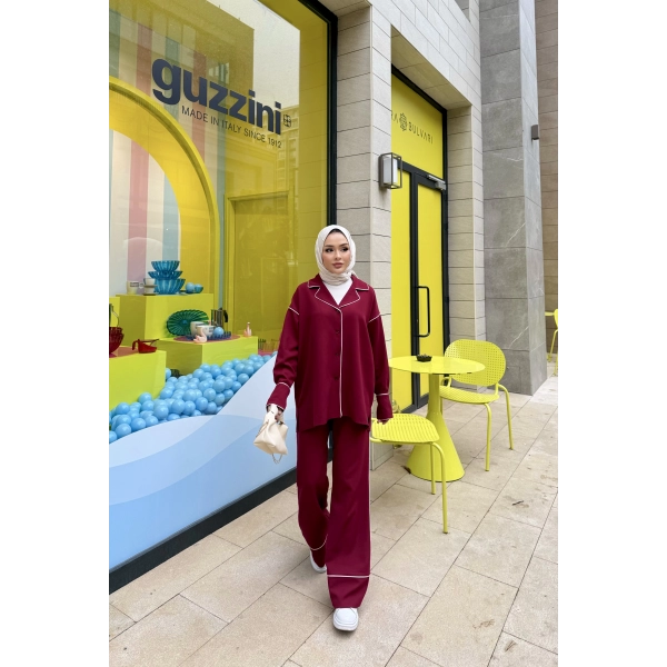 Gold Düğmeli Biyeli Takım - Bordo