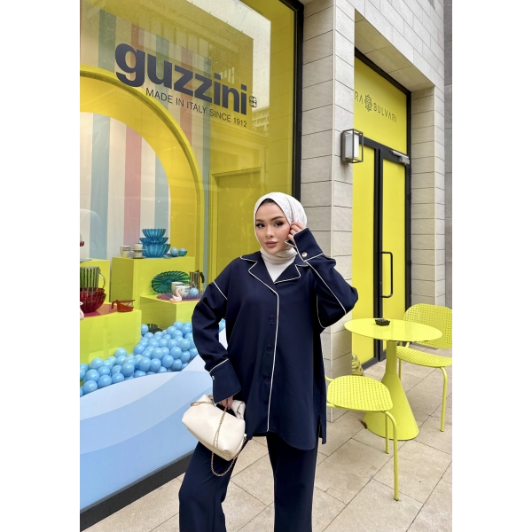 Gold Düğmeli Biyeli Takım - Lacivert