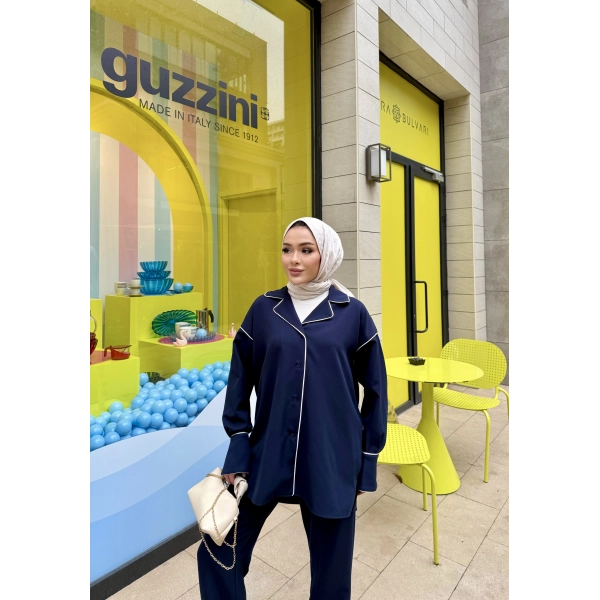 Gold Düğmeli Biyeli Takım - Lacivert